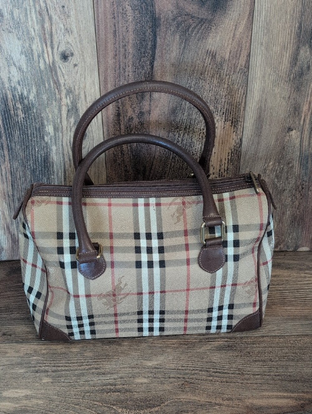 Burberry Vintage Nova Haymarket Check Print Woven Pattern Leather Trim - Picture 2 of 16